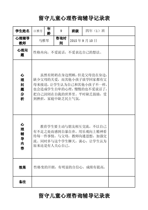 留守儿童心理咨询辅导记录表