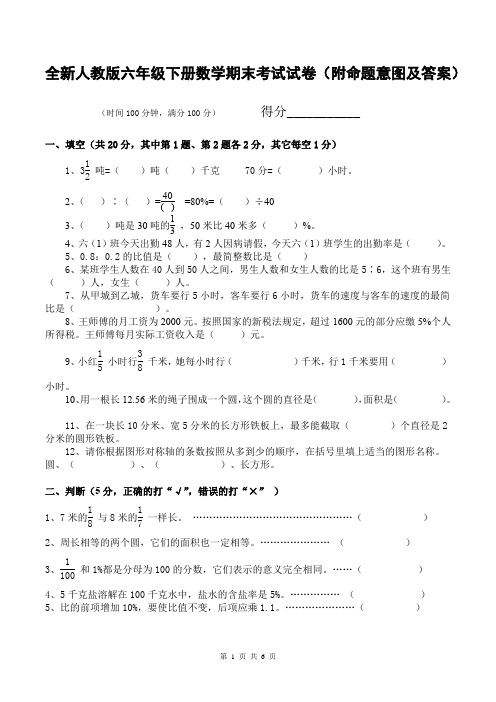 全新人教版六年级下册数学期末考试试卷(附命题意图及答案)