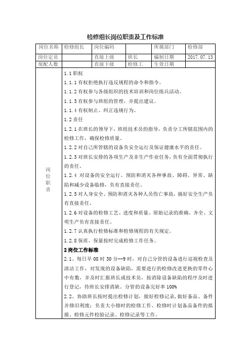 燃料检修组长岗位职责及工作标准