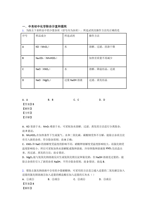 中考化学分离和提纯除杂综合练习题含详细答案