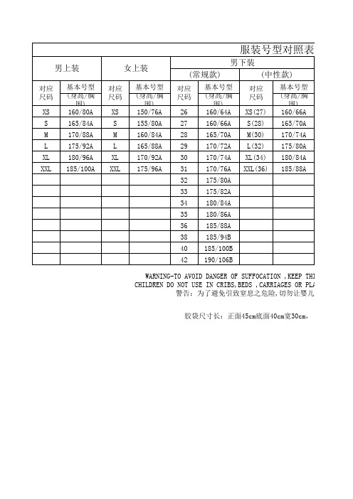 尺码对照表