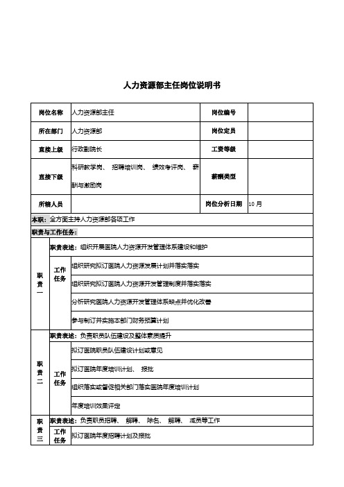 湖北新华医院人力资源部主任岗位说明书