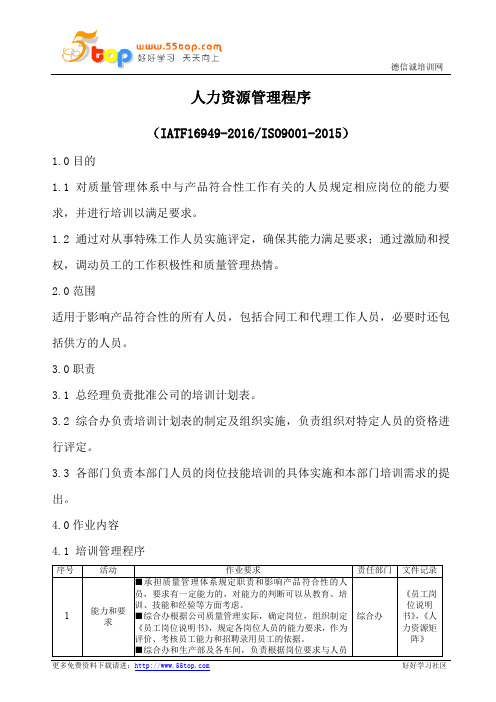 IATF16949人力资源管理程序(含流程表格)