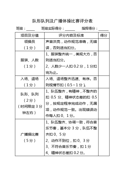 队形队列及广播体操比赛评分表