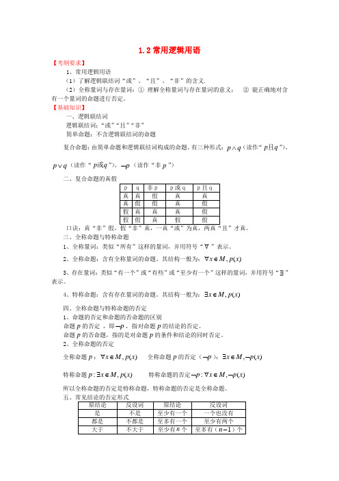 高三数学一轮复习基础导航 1.2常用逻辑用语