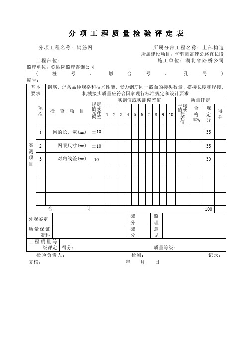 分 项 工 程 质 量 检 验 评 定 表