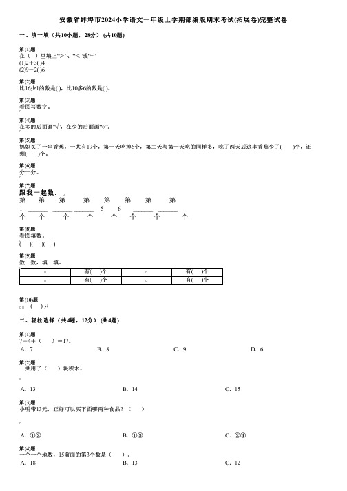 安徽省蚌埠市2024小学数学一年级上学期部编版期末考试(拓展卷)完整试卷