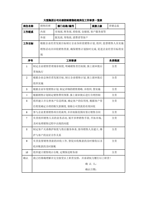 大型集团公司内部控制销售经理岗位工作职责一览表