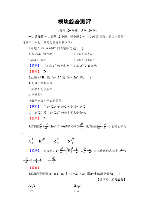 2017-2018学年高中数学人教A版选修2-1模块综合测评 含解析 精品