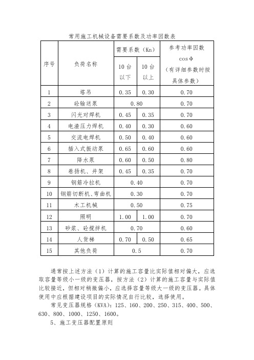 常用施工机械设备需要系数及功率因数表