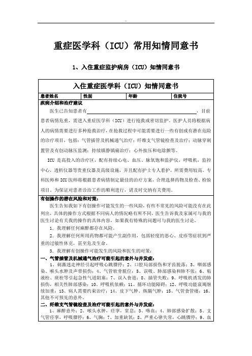 重症医学科常用知情告知书