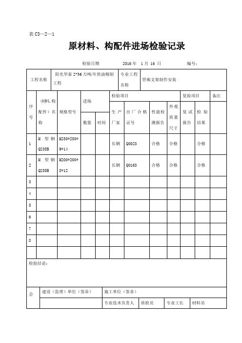 原材料、构配件进厂检验记录