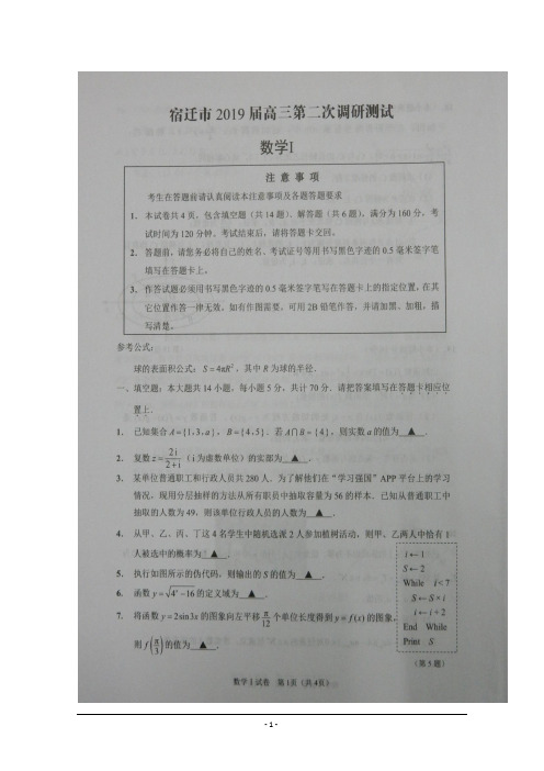 江苏省宿迁市2019届高三3月月考数学试题 含答案