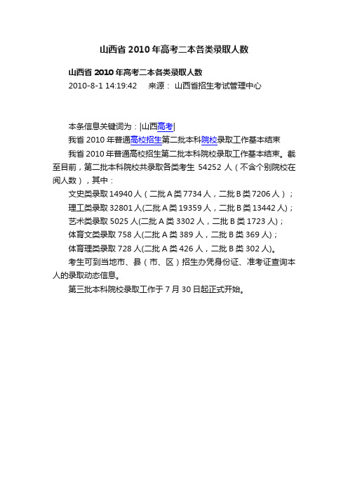 山西省2010年高考二本各类录取人数