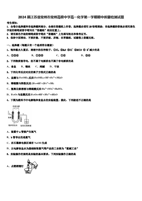 2024届江苏省常州市常州高级中学高一化学第一学期期中质量检测试题含解析