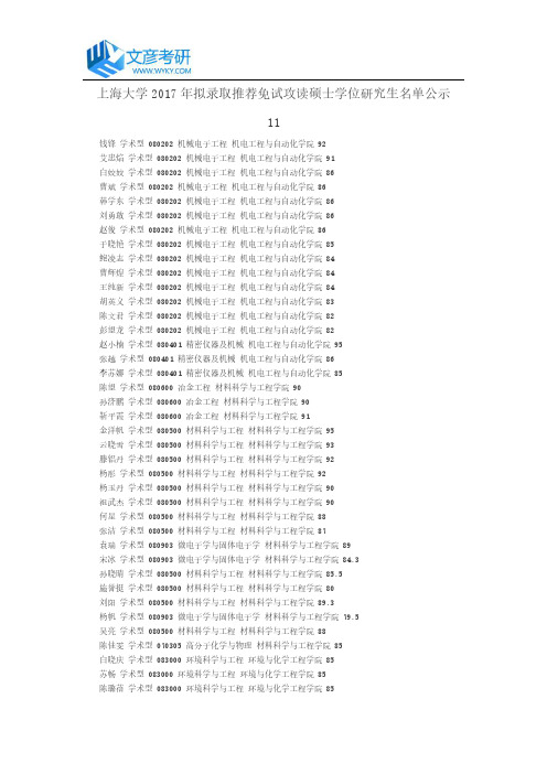 上海大学2017年拟录取推荐免试攻读硕士学位研究生名单公示11