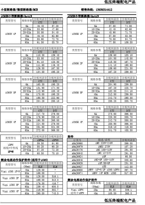 施耐德常用断路器价目表2014年版