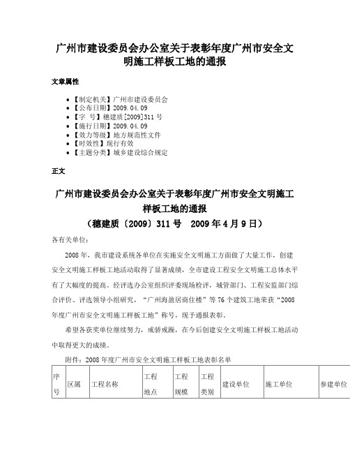 广州市建设委员会办公室关于表彰年度广州市安全文明施工样板工地的通报