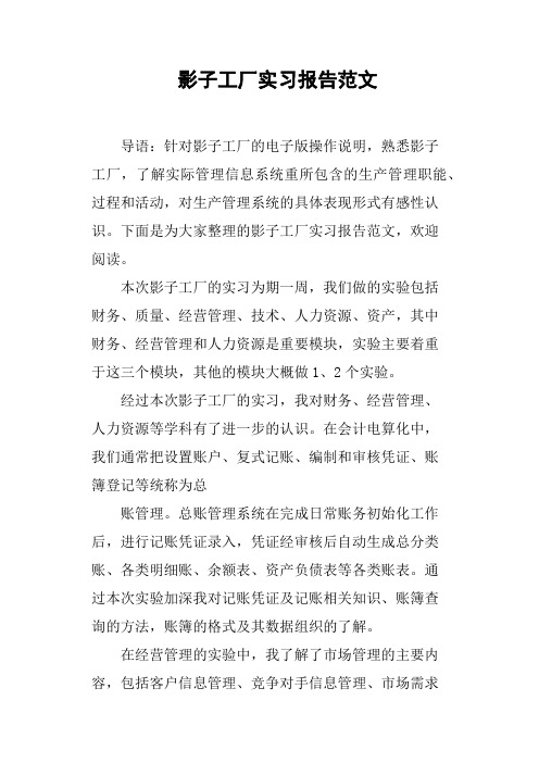 影子工厂实习报告范文