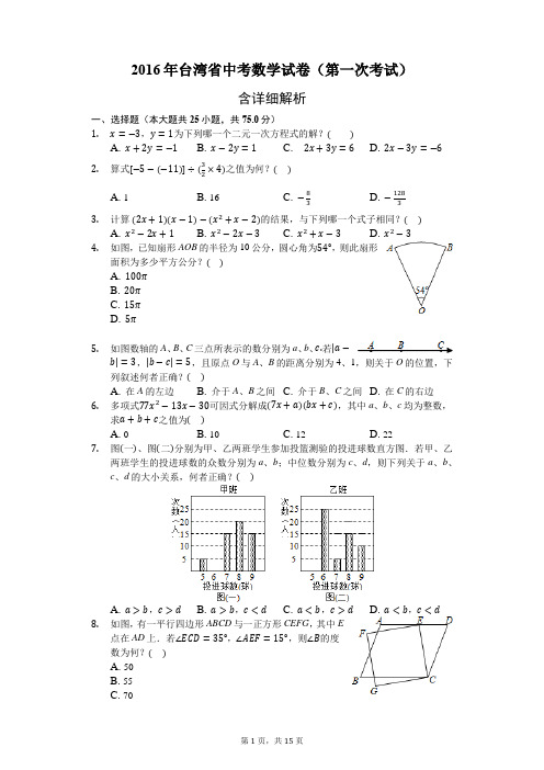 2016年台湾省中考数学试卷-第一次考试-含详细解析