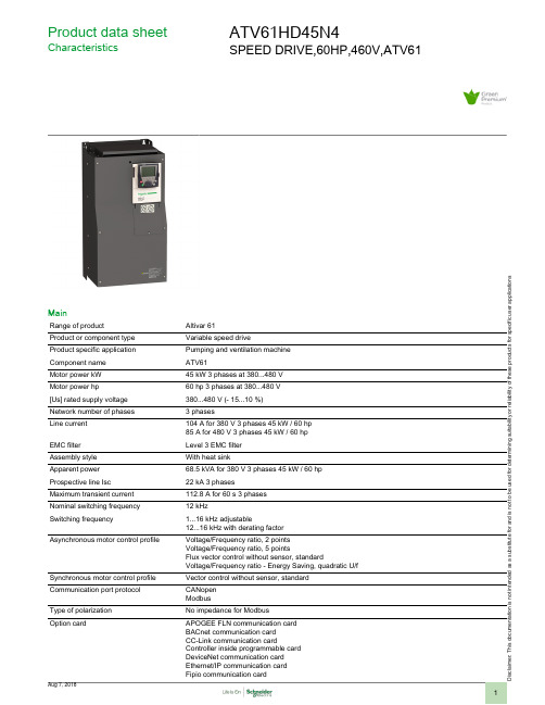 Schneider Electric Altivar 61 HD 45 N 变速驱动器数据手册说明书