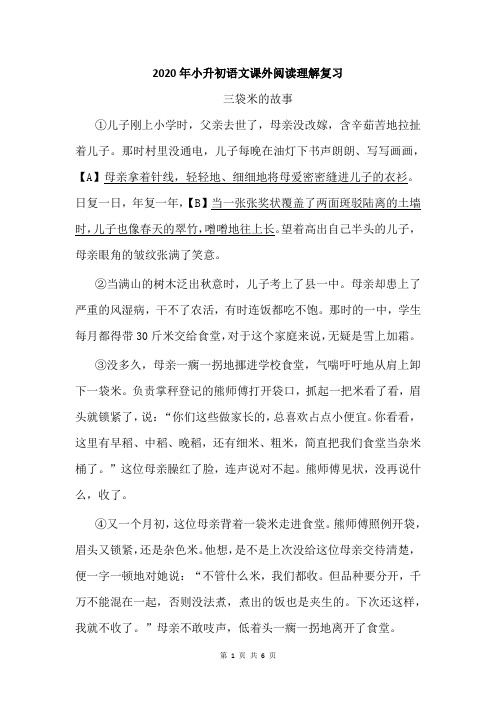 2020年小升初语文课外阅读理解复习：三袋米的故事