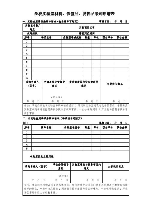 学校实验室材料、低值品、易耗品采购申请表