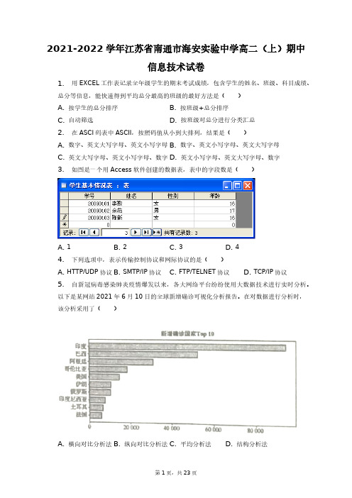 2021-2022学年江苏省南通市海安实验中学高二(上)期中信息技术试卷+答案解析(附后)