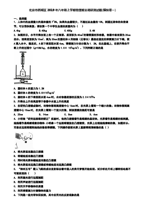 北京市西城区2019年八年级上学期物理期末调研测试题(模拟卷一)