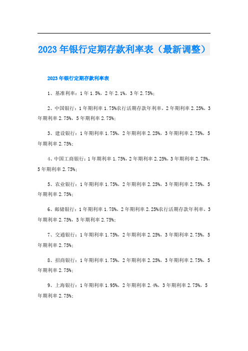 2023年银行定期存款利率表(最新调整)