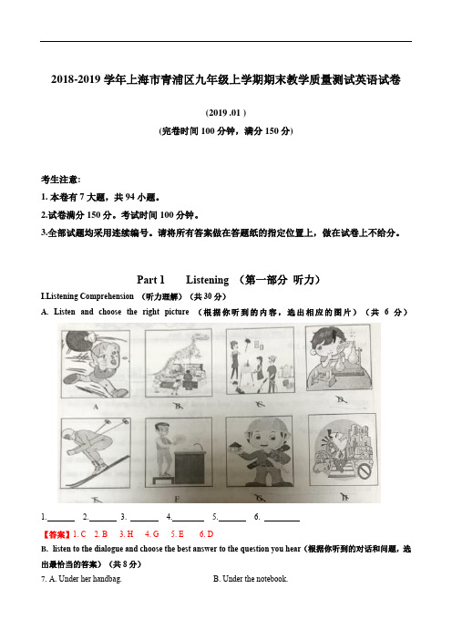 2018-2019学年上海市青浦区九年级英语一模试卷