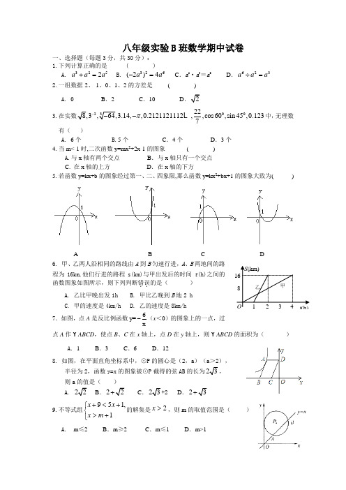 浙江省乐清市育英学校2012-2013学年下学期八年级B班期中数学试题