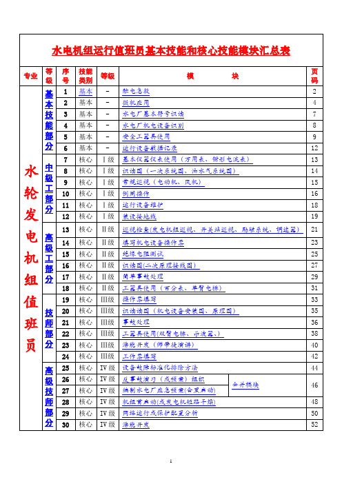 水电机组运行值班员基本技能和核心技能模块汇总表