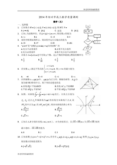 数学(文)卷·2014届浙江省绍兴市高三教学测试(2014.04)word版