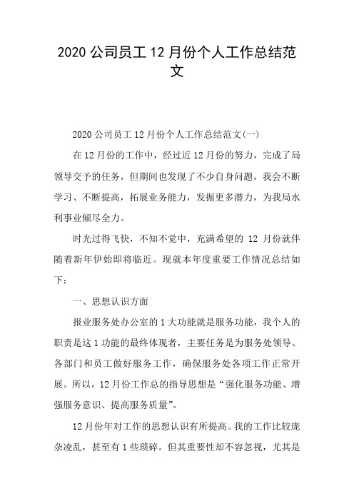 2020公司员工12月份个人工作总结范文