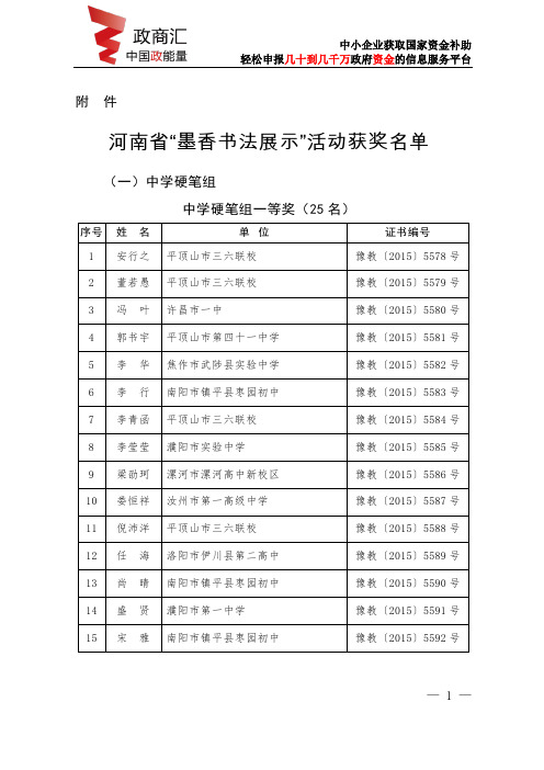 河南省“墨香书法展示”活动获奖名单