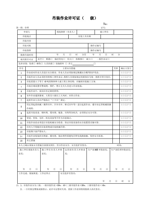 吊装作业许可证(   级)