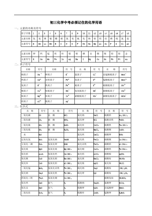 中考化学必背的化学用语