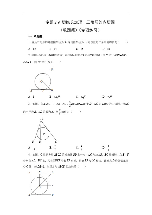 切线长定理-三角形的内切圆(巩固篇)-2022-2023学年九年级数学下册基础知识专项讲练(浙教版)