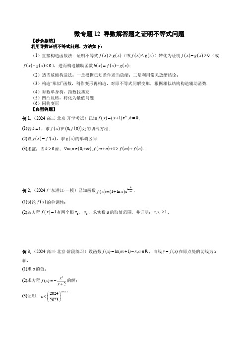 微专题12 导数解答题之证明不等式问题 -2024年新高考数学二轮复习微专题提分突破140分(原卷版