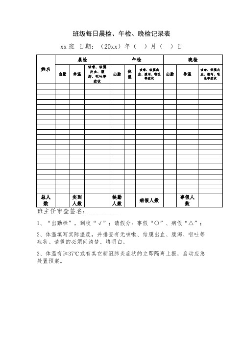 学校班级每日晨检、午检、晚检记录表