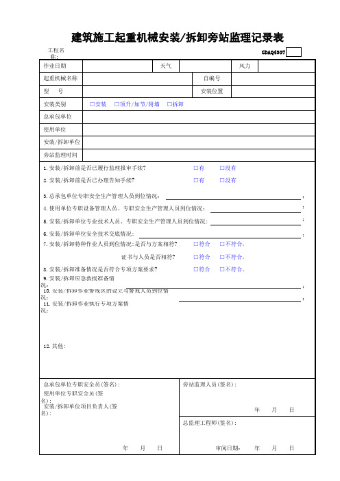 建筑施工起重机械安装／拆卸旁站监理记录表