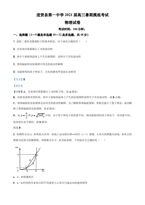 2021届江西省南昌市进贤县第一中学高三(上)暑期摸底物理试题(解析版)