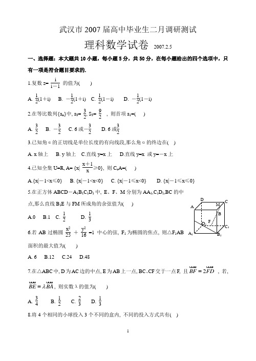 武汉市2007届高中毕业生二月调研测试理科数学试卷