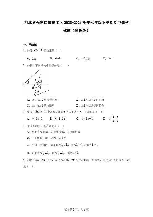 河北省张家口市宣化区2023-2024学年七年级下学期期中数学试题(冀教版)