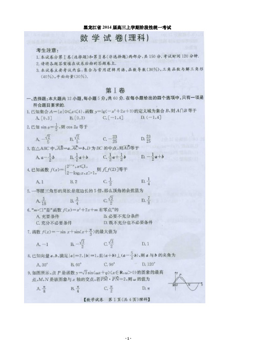 [套卷]黑龙江省2014届高三上学期阶段性统一考试 数学理(扫描版含答案)