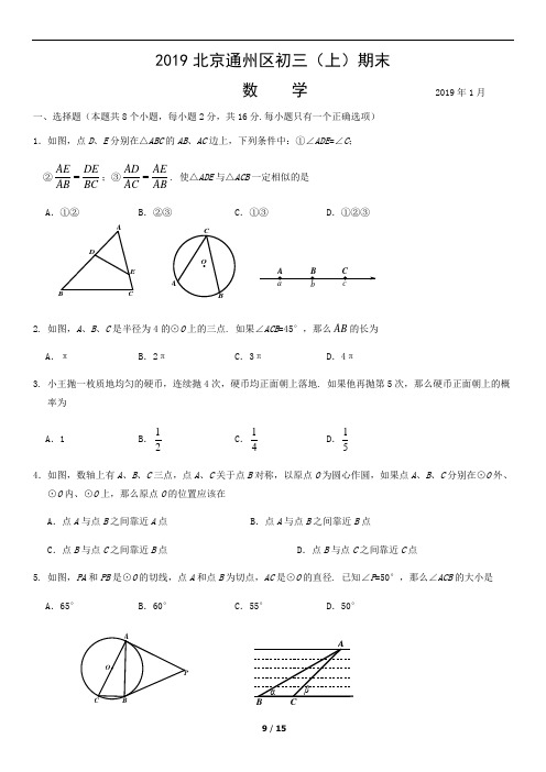 2019年1月北京通州初三上数学期末试卷及答案