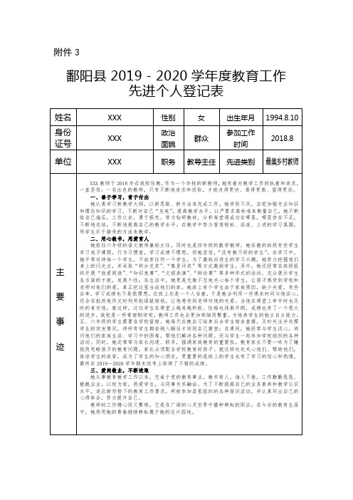 2020年最美乡村教师侯家岗乡狮门小学先进个人事迹材料登记表