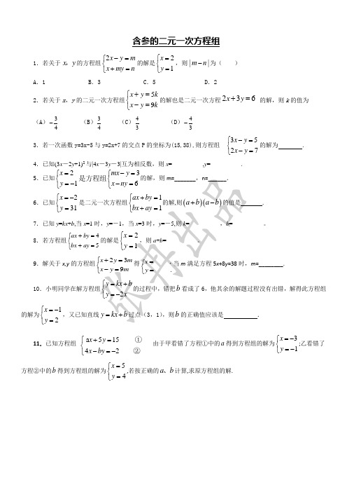 含参的二元一次方程组练习题