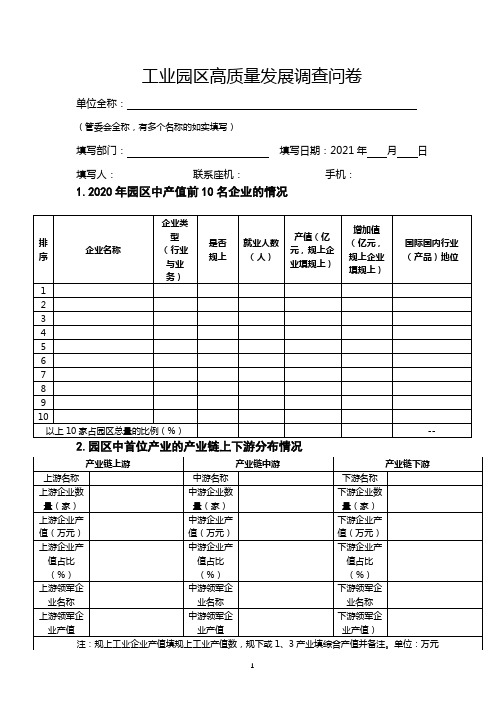 工业园区高质量发展调查问卷